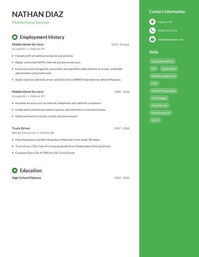 Mobile Home Servicer Resume
