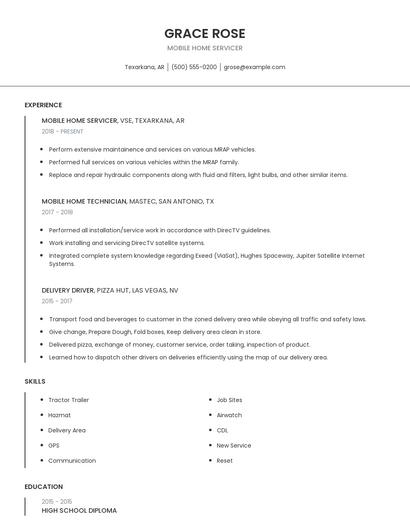 Mobile Home Servicer Resume