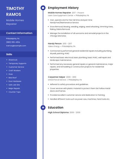 Mobile Homes Repairer Resume