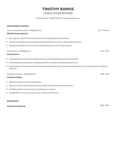 Mobile Homes Repairer Resume