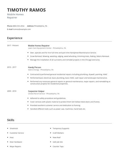 Mobile Homes Repairer Resume