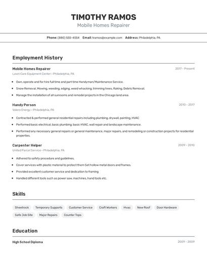 Mobile Homes Repairer Resume
