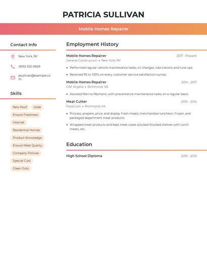 Mobile Homes Repairer Resume