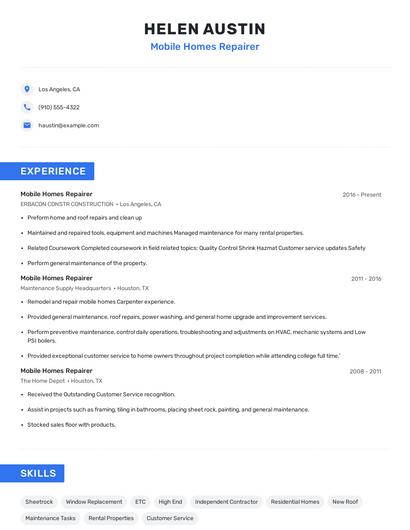 Mobile Homes Repairer Resume