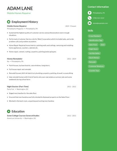 Mobile Homes Repairer Resume
