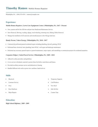Mobile Homes Repairer Resume