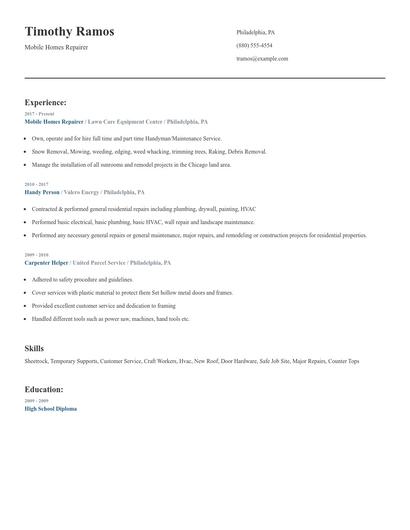 Mobile Homes Repairer Resume