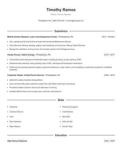 Mobile Homes Repairer Resume