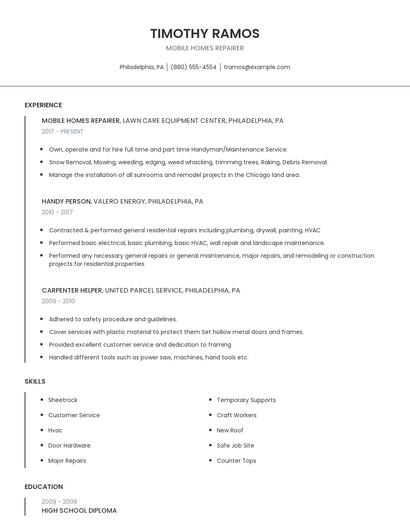 Mobile Homes Repairer Resume