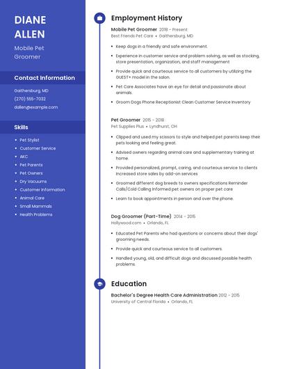 Mobile Pet Groomer Resume