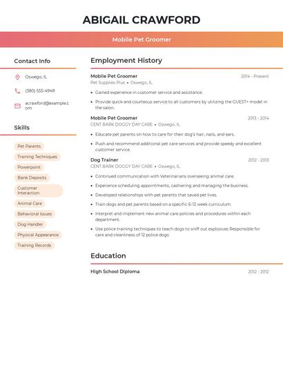 Mobile Pet Groomer Resume