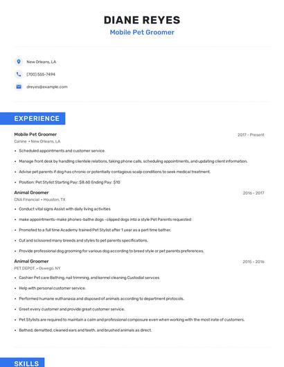 Mobile Pet Groomer Resume