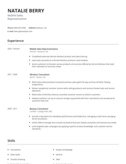 Mobile Sales Representative Resume