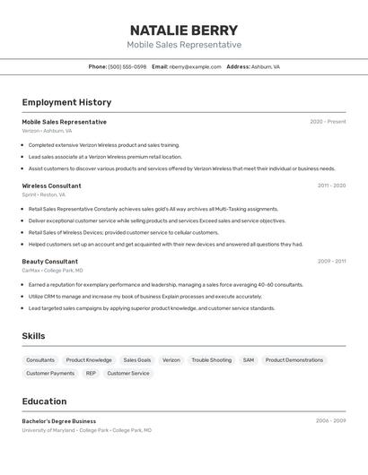 Mobile Sales Representative Resume