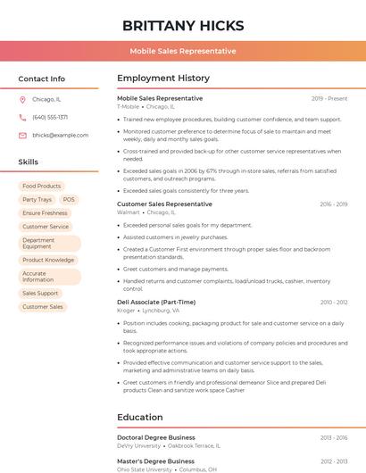 Mobile Sales Representative Resume