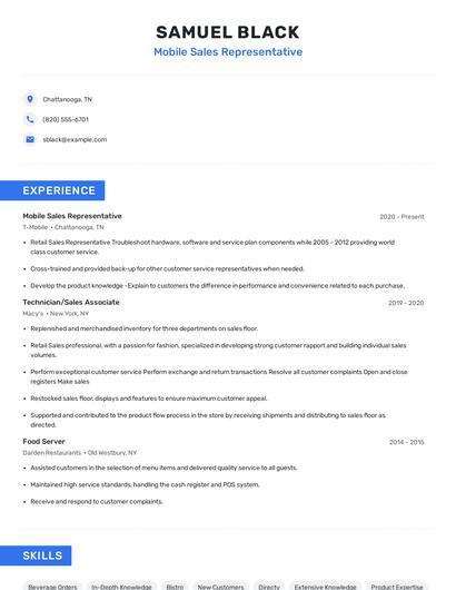 Mobile Sales Representative Resume