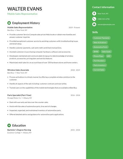 Mobile Sales Representative Resume