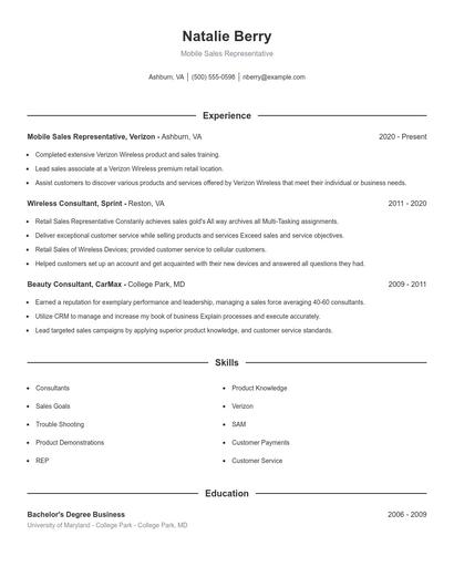 Mobile Sales Representative Resume