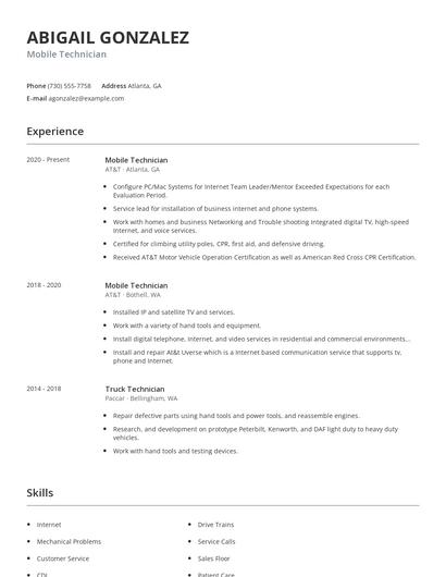 Mobile Technician Resume