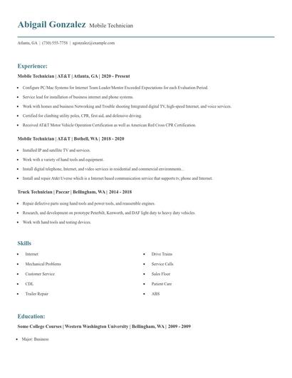 Mobile Technician Resume