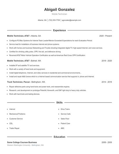 Mobile Technician Resume