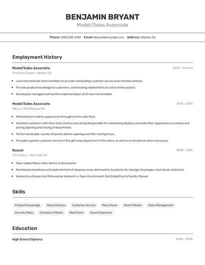 Model/Sales Associate Resume