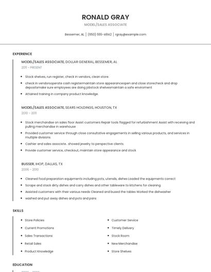 Model/Sales Associate Resume
