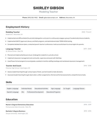 Modeling Teacher Resume