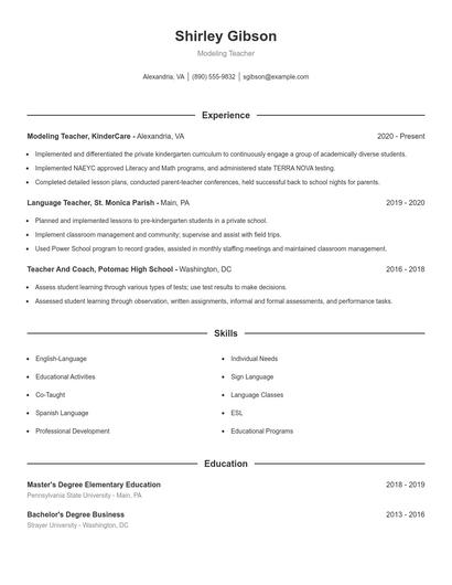 Modeling Teacher Resume