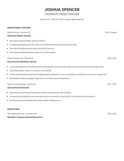 Moderate Needs Teacher Resume