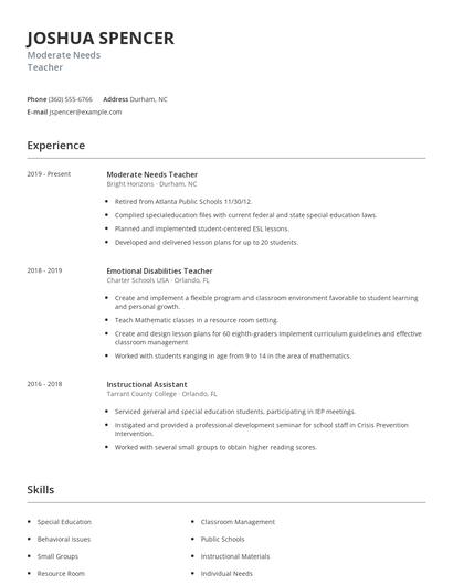 Moderate Needs Teacher Resume
