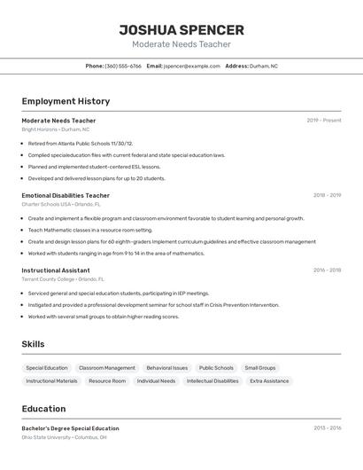 Moderate Needs Teacher Resume