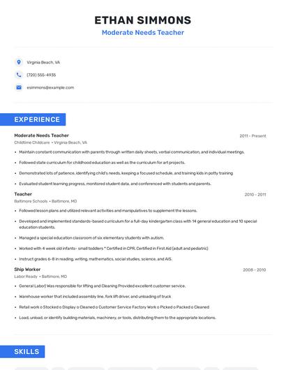 Moderate Needs Teacher Resume