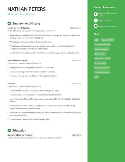 Moderate Needs Teacher Resume