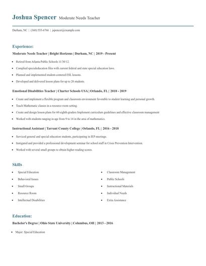 Moderate Needs Teacher Resume
