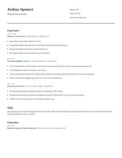 Moderate Needs Teacher Resume