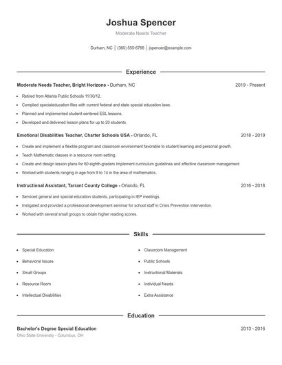 Moderate Needs Teacher Resume