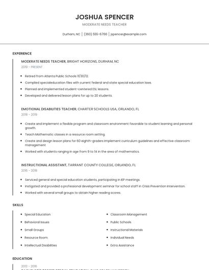 Moderate Needs Teacher Resume