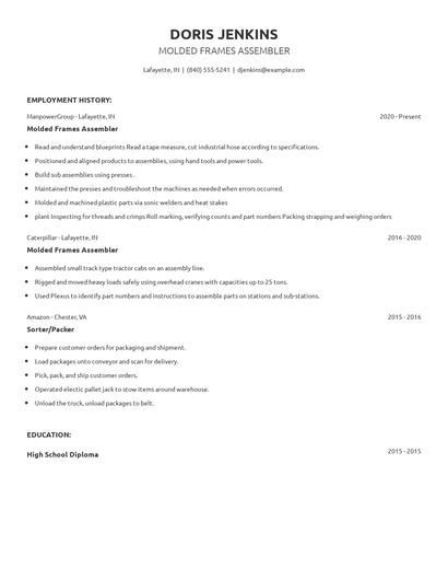 Molded Frames Assembler Resume