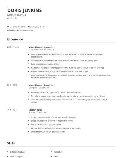 Molded Frames Assembler Resume