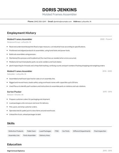 Molded Frames Assembler Resume