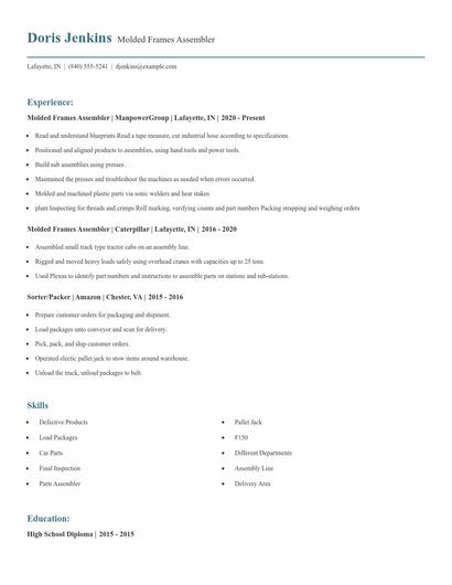 Molded Frames Assembler Resume