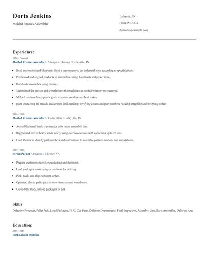 Molded Frames Assembler Resume