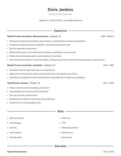 Molded Frames Assembler Resume
