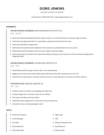 Molded Frames Assembler Resume