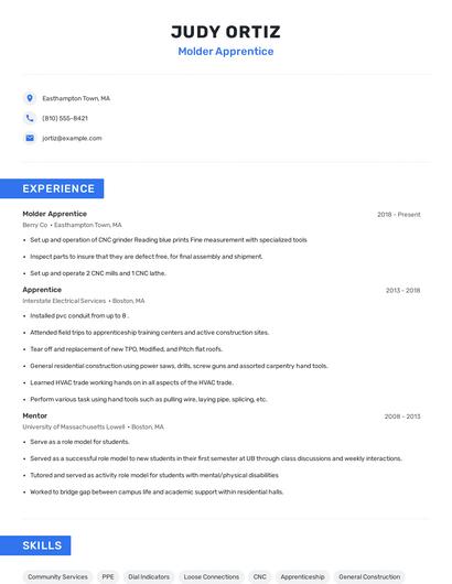 Molder Apprentice Resume