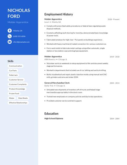 Molder Apprentice Resume