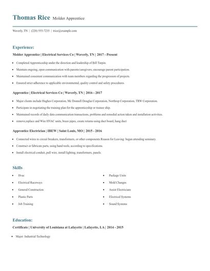 Molder Apprentice Resume