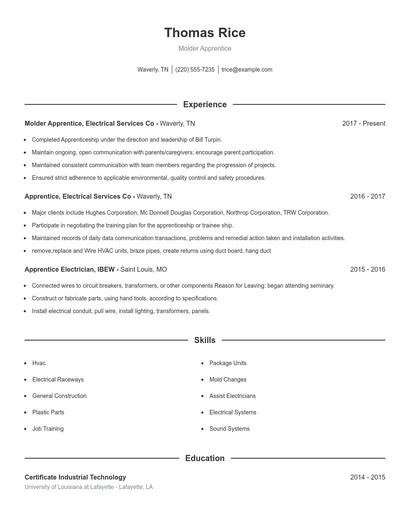 Molder Apprentice Resume