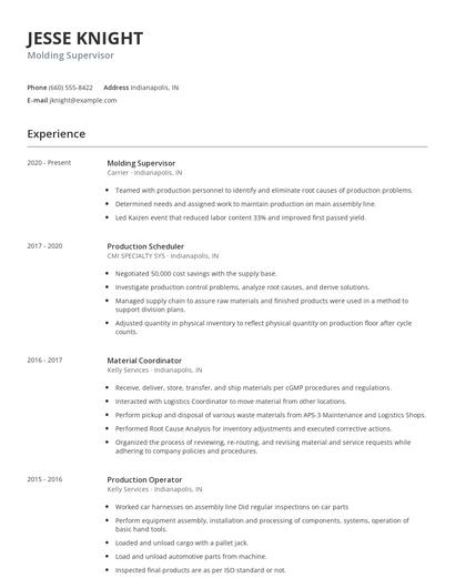 Molding Supervisor Resume